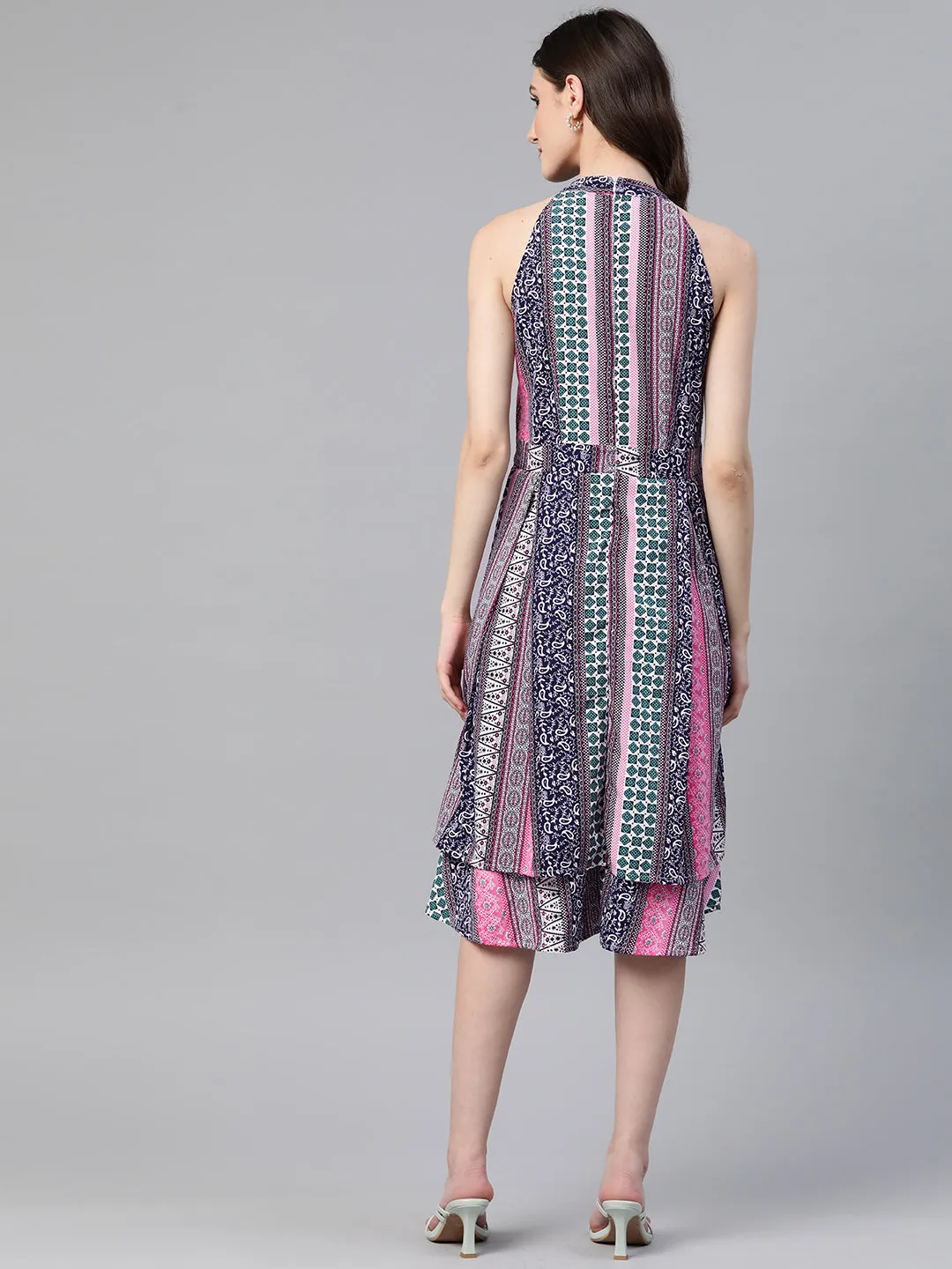 Cottinfab Ethnic Motifs Halter Neck Layered Crepe Midi Dress