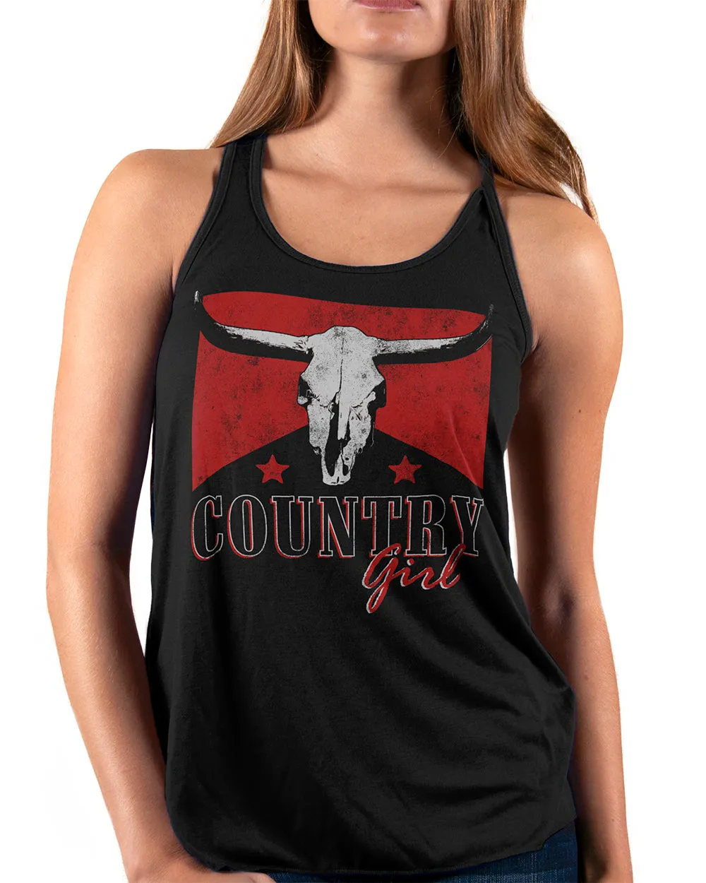 Country Girl® Steer Skull Red Flowy Racerback Tank