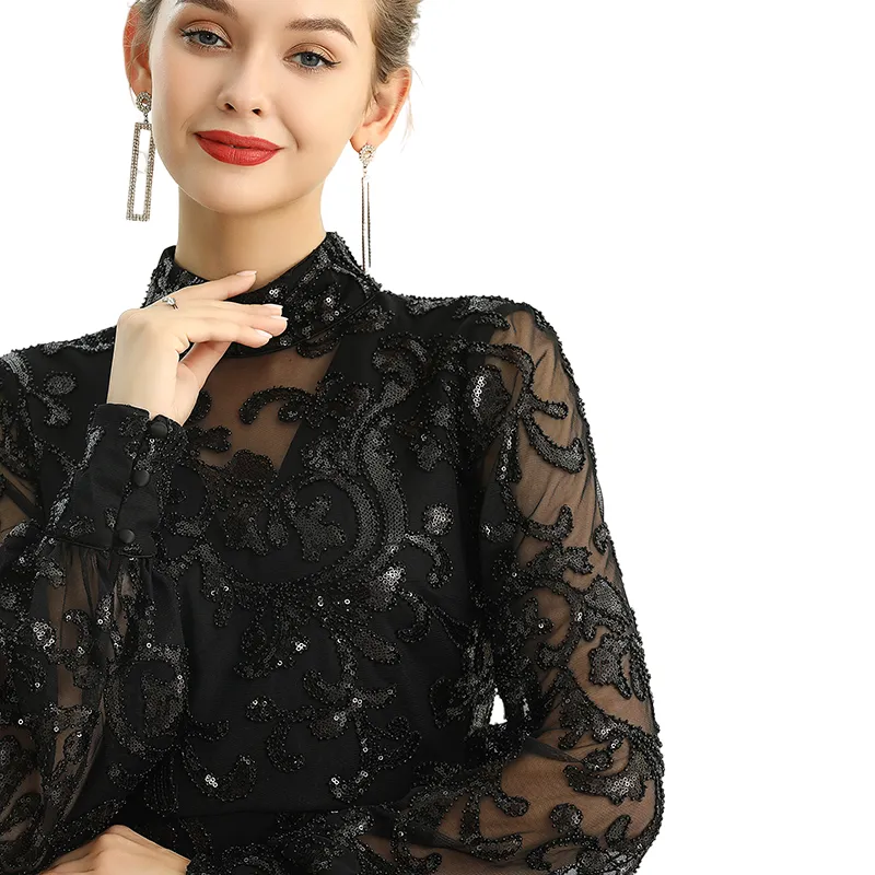 D162 Women sequins and beads embellishment mock neck long puff sleeves fitted short evening dress