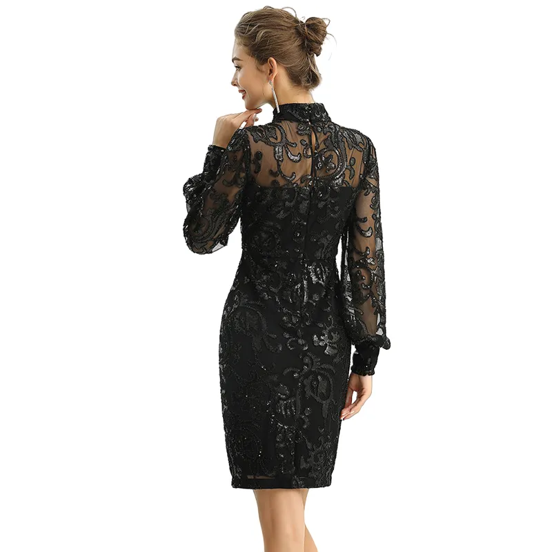 D162 Women sequins and beads embellishment mock neck long puff sleeves fitted short evening dress