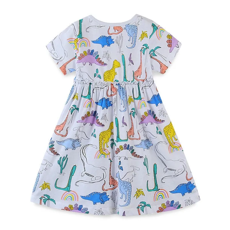 Dino Pattern Short Sleeve  Girls Summer Tutu Dress