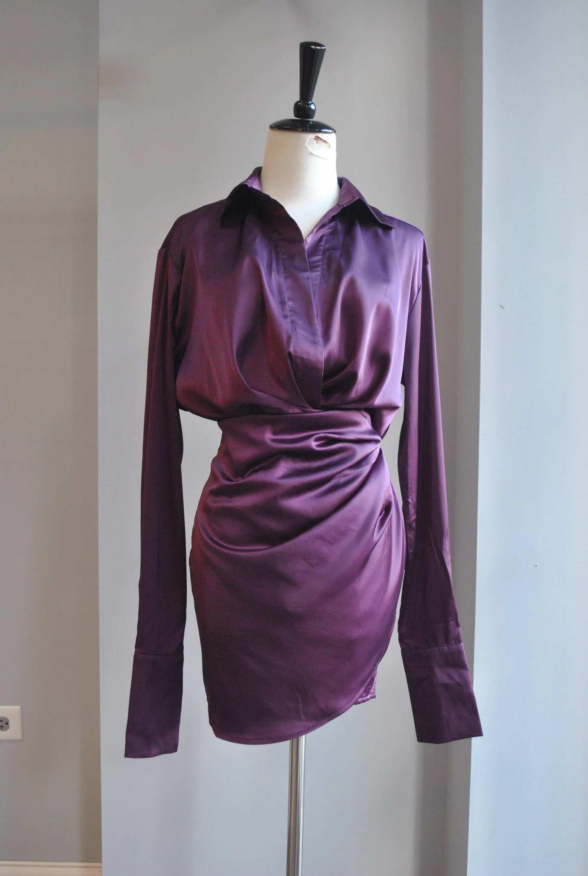 EGGPLANT SILKY MINI PARTY WRAP DRESS