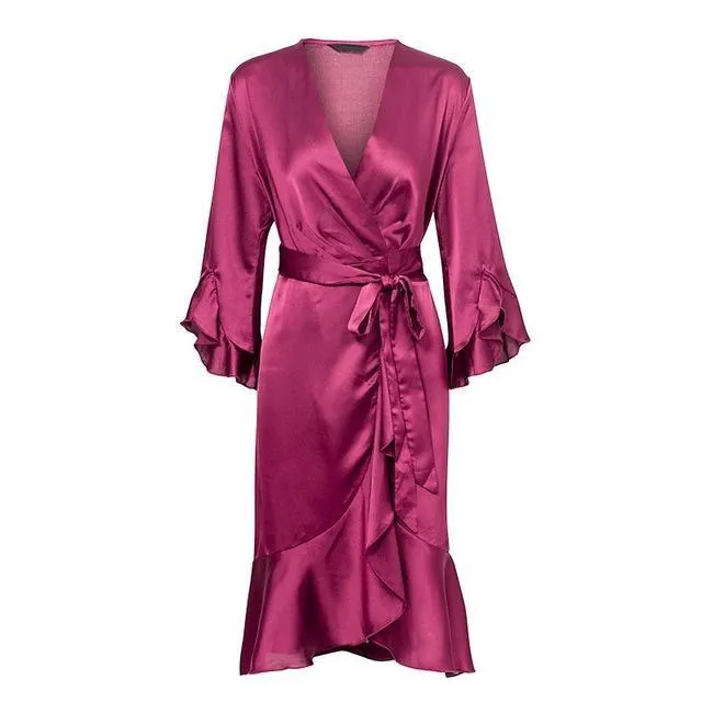 Elegant Satin Ruffle Flare Sleeve Wrap Dress