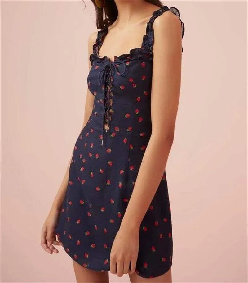 FashionSierra - Women Sweet Strawberry Print High Waist Strappy dress