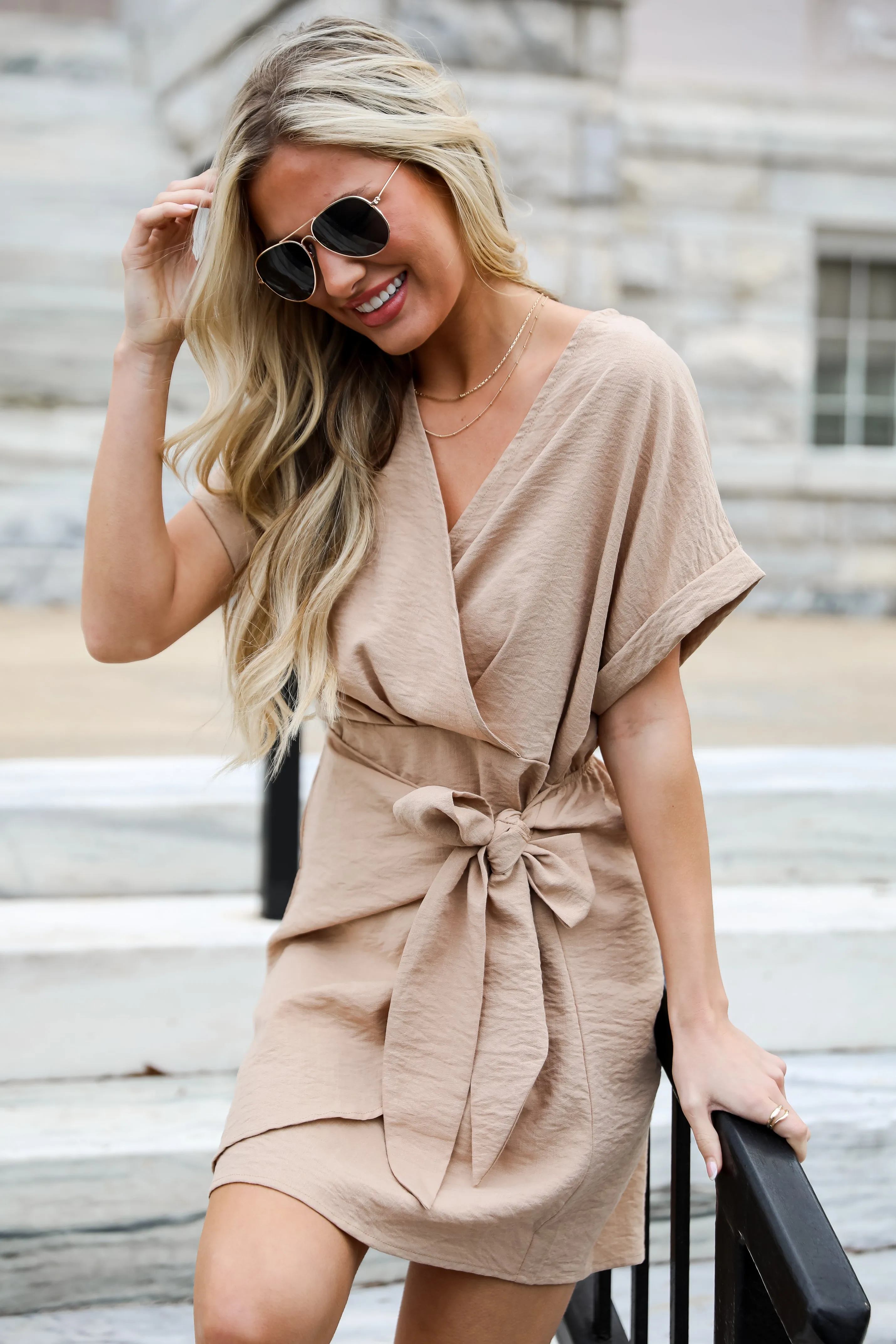 FINAL SALE - Fun And Flirty Camel Wrap Mini Dress - DU DEAL