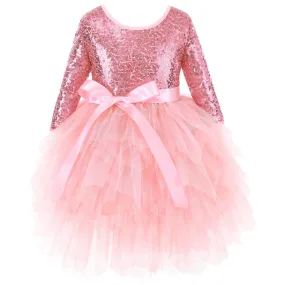 Flofallzique Sequin Girls Dress Long Sleeves Mesh Tulle Birthday Party Sparkle Glitter Dress