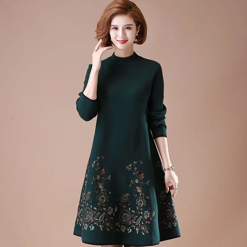 Floral Embroidery Long Sleeve Knee Length A-line Woolen Knit Dress