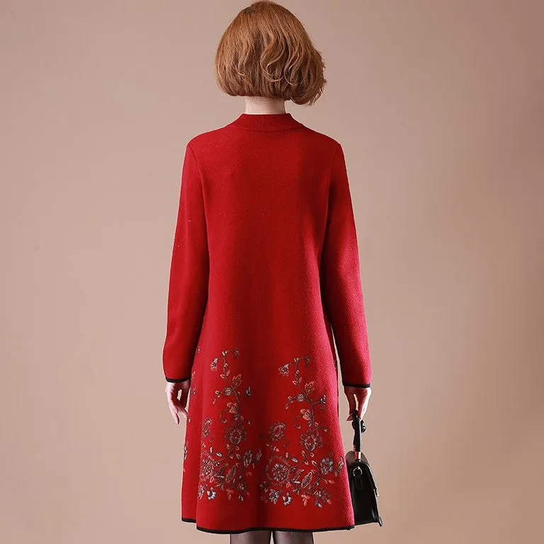 Floral Embroidery Long Sleeve Knee Length A-line Woolen Knit Dress