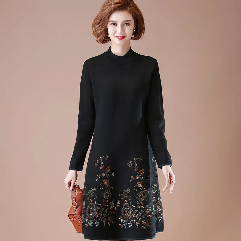 Floral Embroidery Long Sleeve Knee Length A-line Woolen Knit Dress