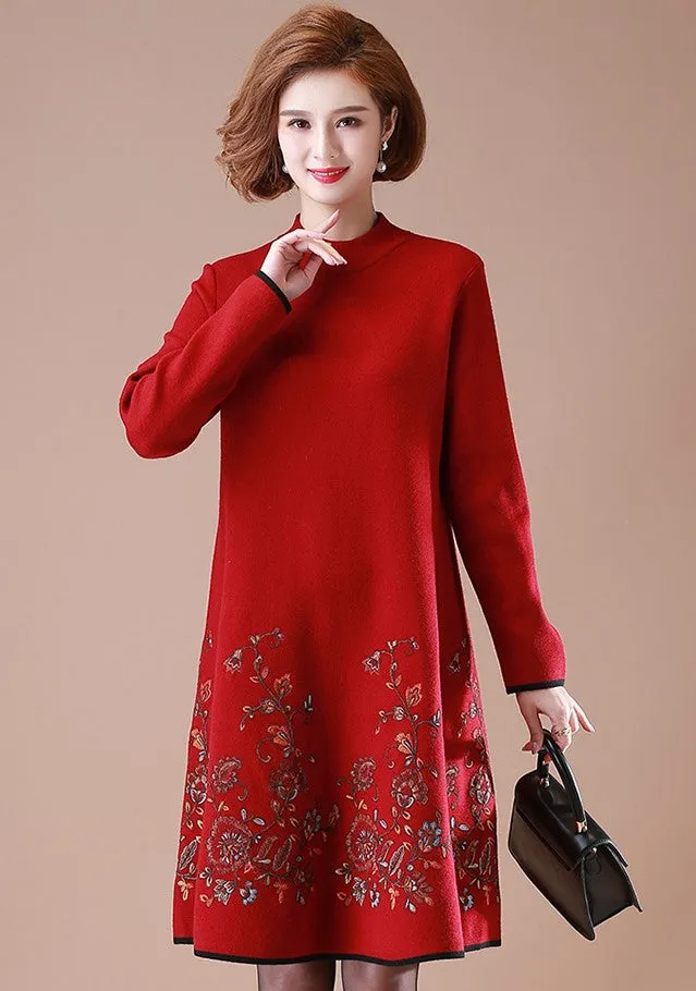 Floral Embroidery Long Sleeve Knee Length A-line Woolen Knit Dress