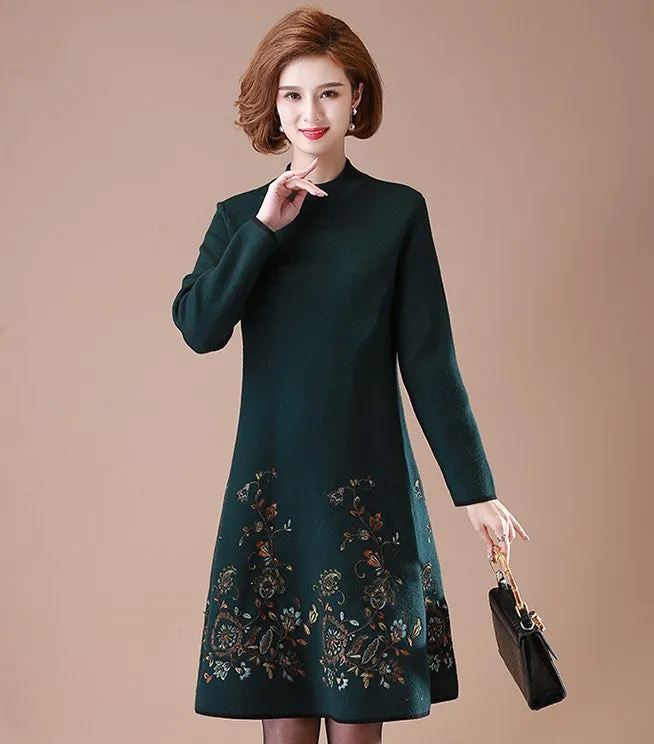 Floral Embroidery Long Sleeve Knee Length A-line Woolen Knit Dress