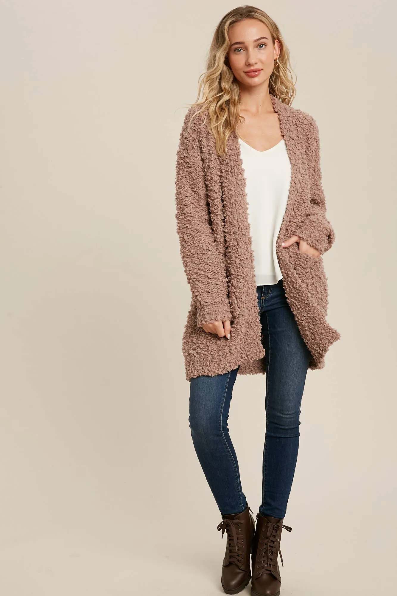 FLUFFY BOUCLÉ OPEN FRONT CARDIGAN