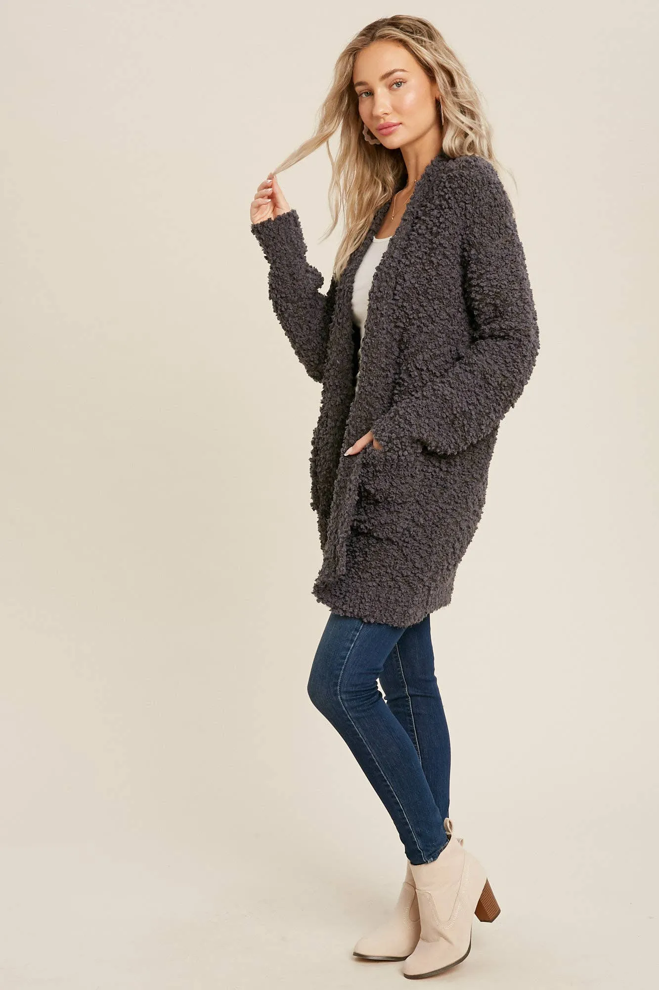 FLUFFY BOUCLÉ OPEN FRONT CARDIGAN