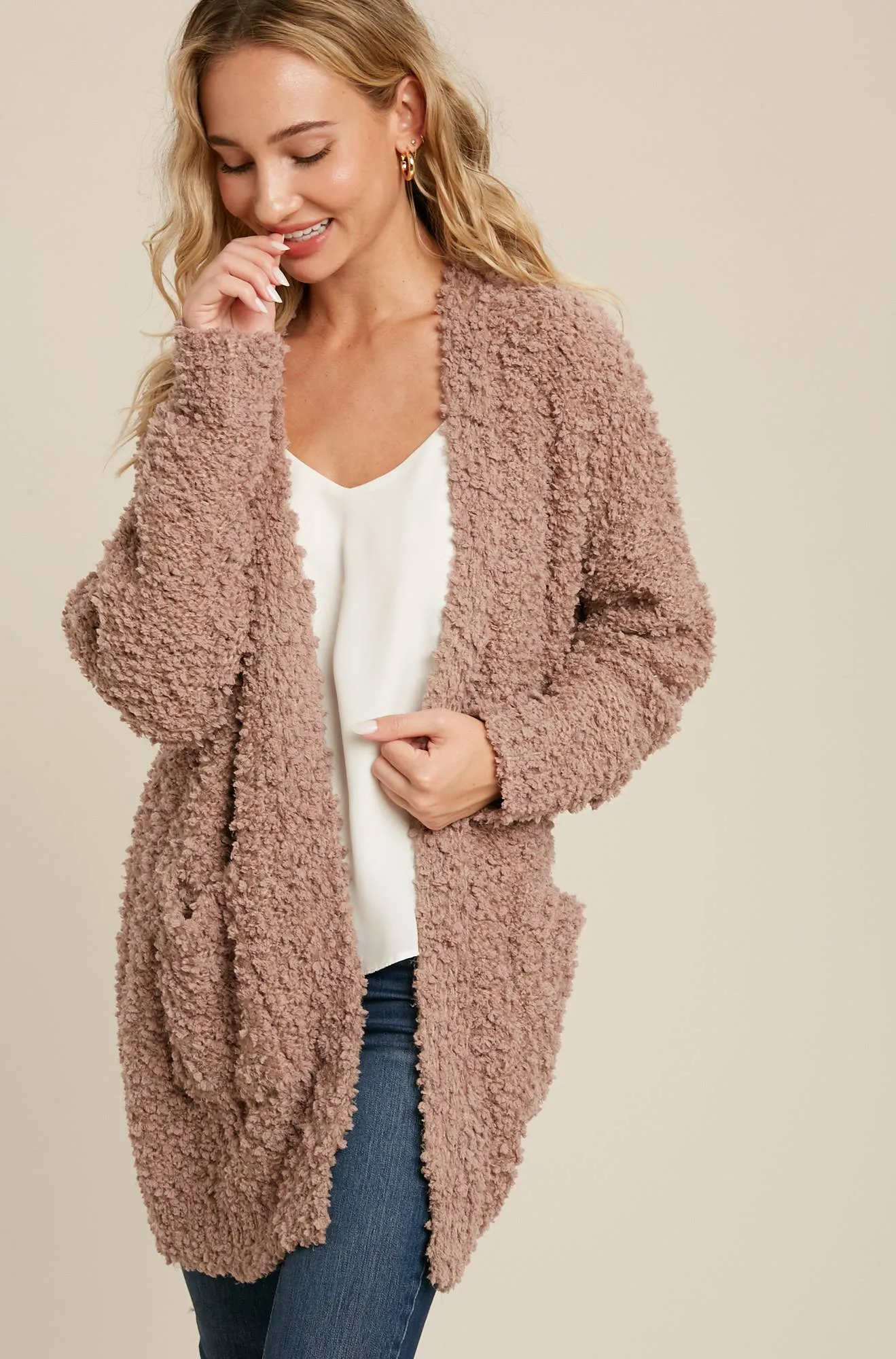 FLUFFY BOUCLÉ OPEN FRONT CARDIGAN