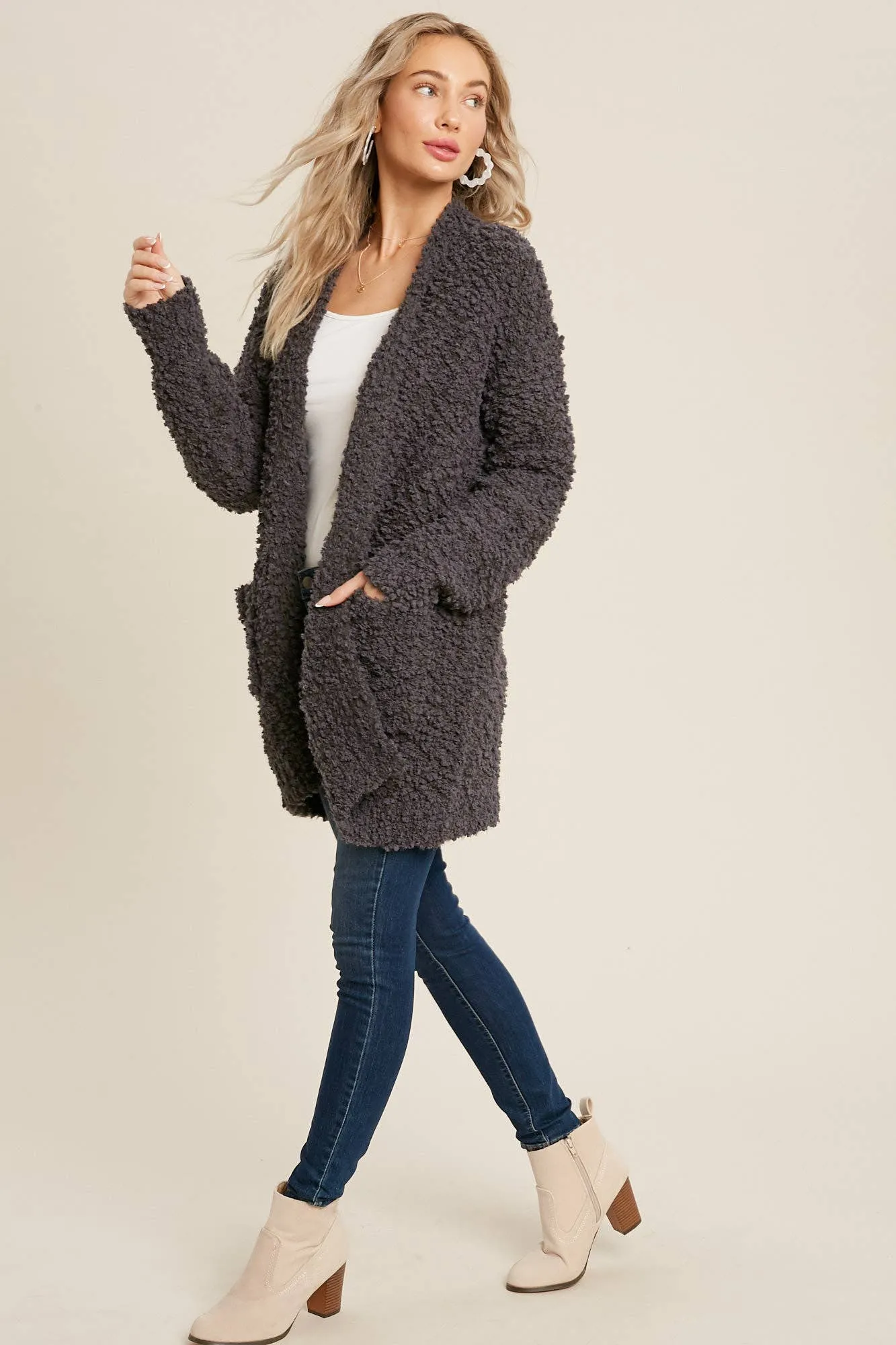 FLUFFY BOUCLÉ OPEN FRONT CARDIGAN