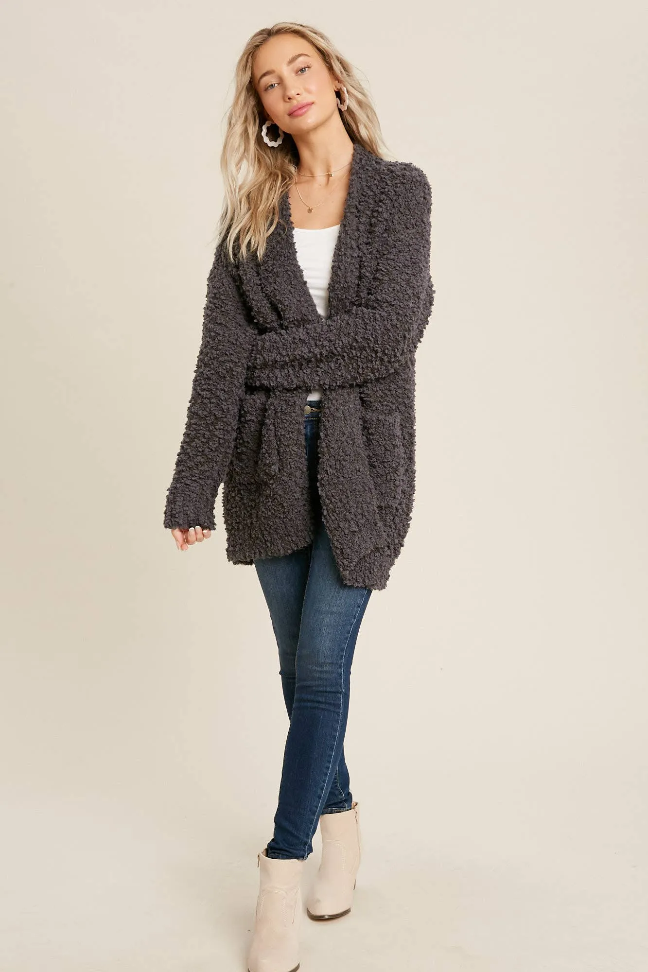 FLUFFY BOUCLÉ OPEN FRONT CARDIGAN