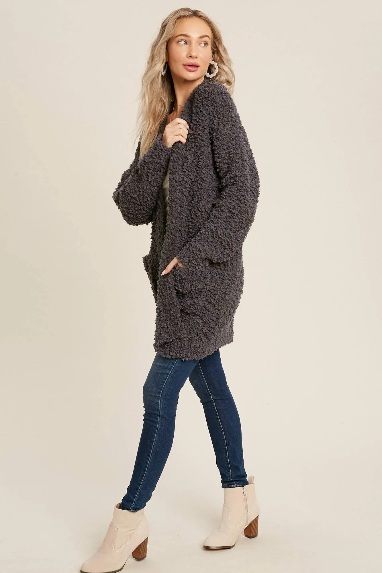 FLUFFY BOUCLÉ OPEN FRONT CARDIGAN