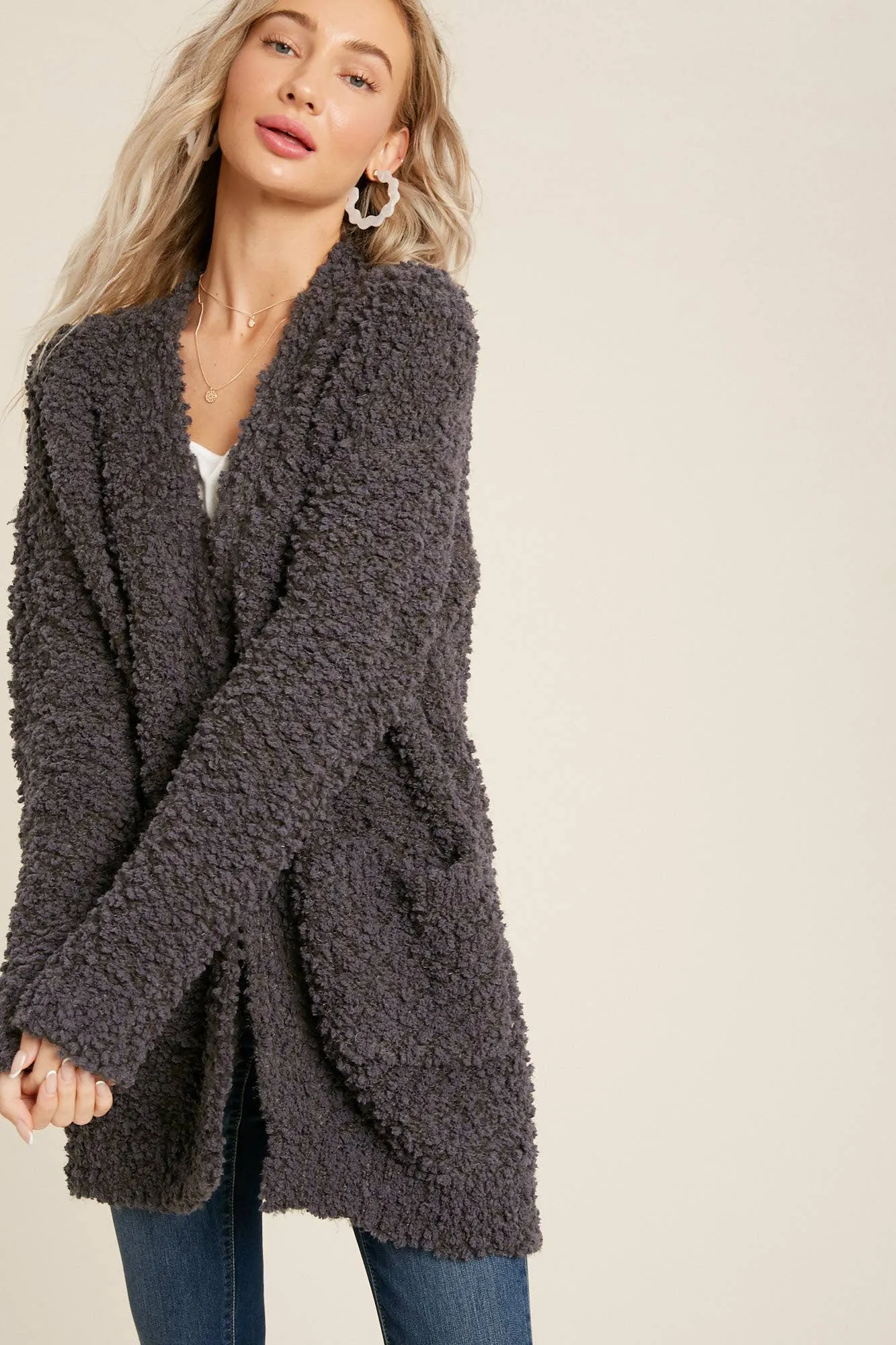 FLUFFY BOUCLÉ OPEN FRONT CARDIGAN