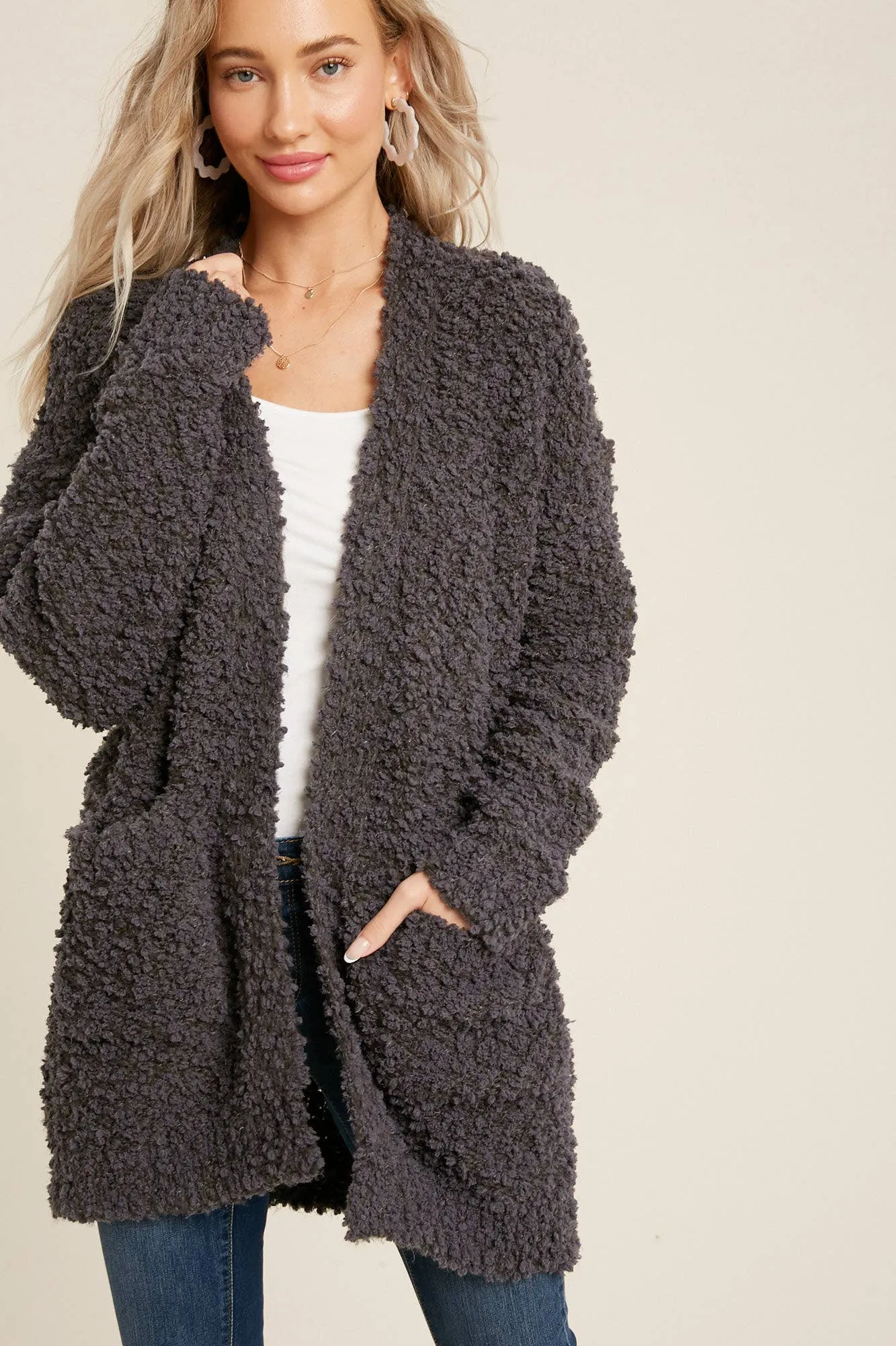 FLUFFY BOUCLÉ OPEN FRONT CARDIGAN