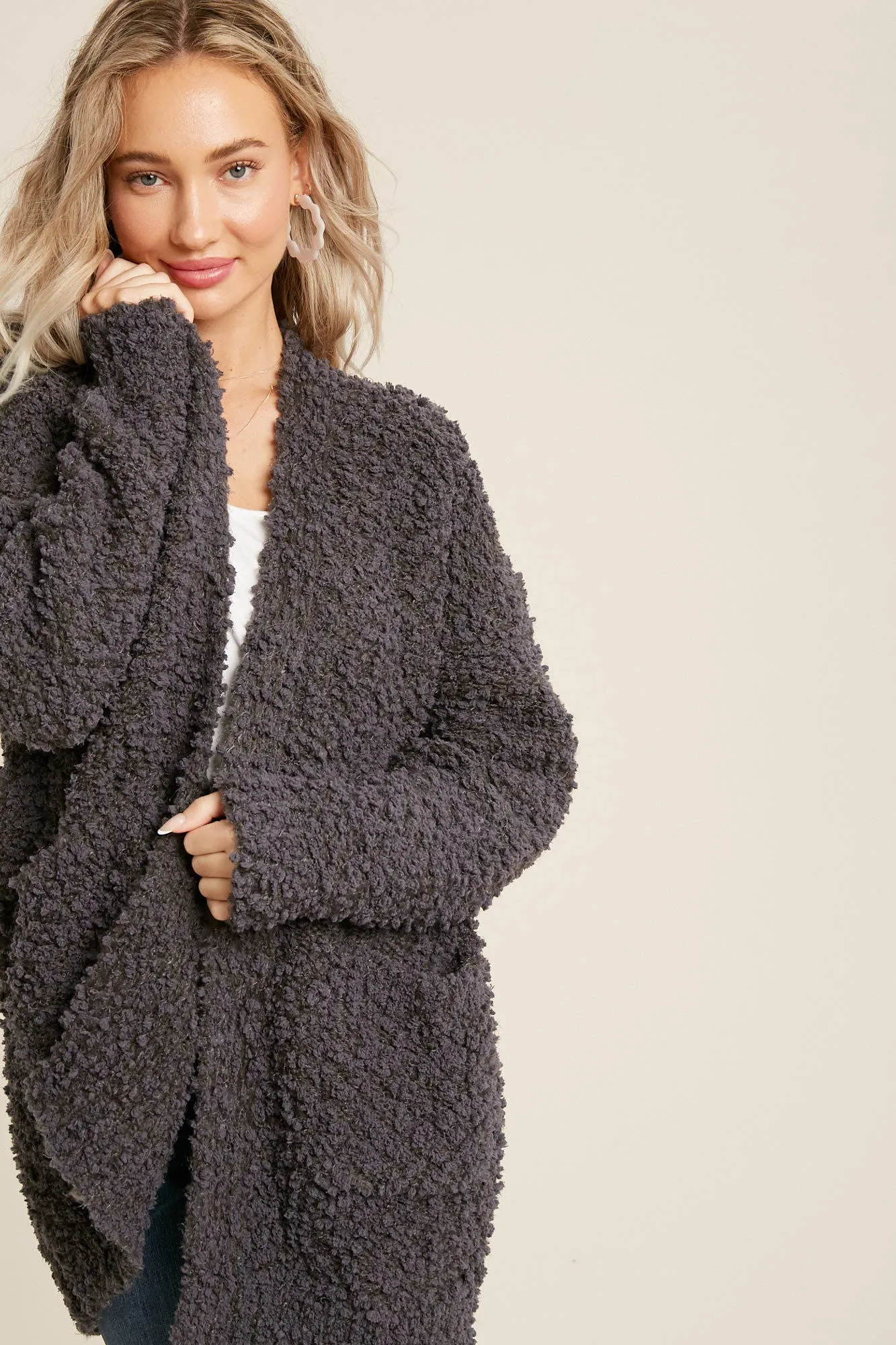 FLUFFY BOUCLÉ OPEN FRONT CARDIGAN