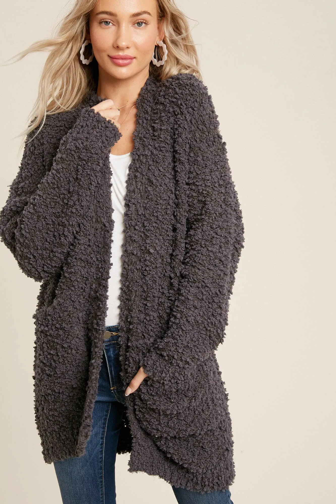 FLUFFY BOUCLÉ OPEN FRONT CARDIGAN