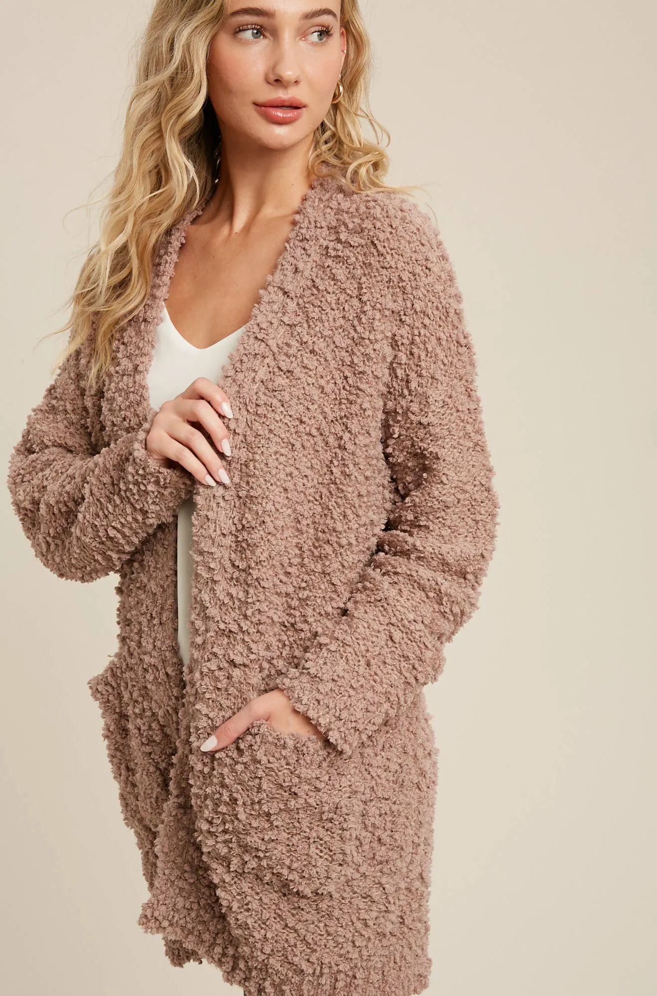 FLUFFY BOUCLÉ OPEN FRONT CARDIGAN