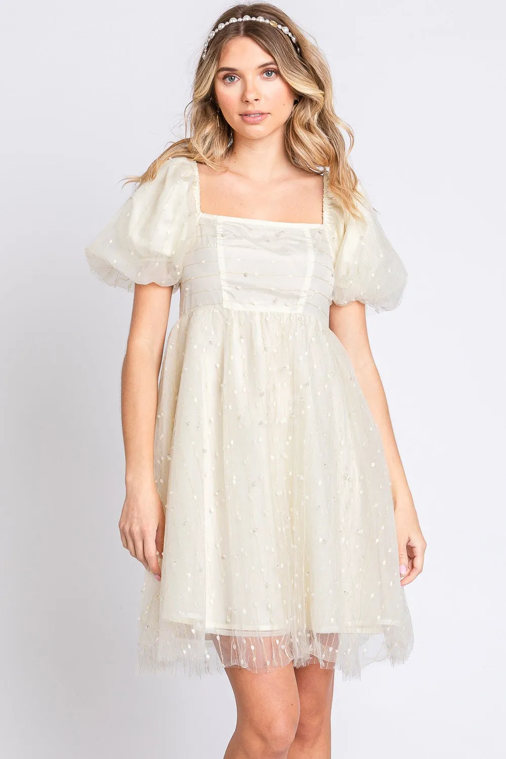 Geegee Pearl Mesh Puff Sleeve Babydoll Dress