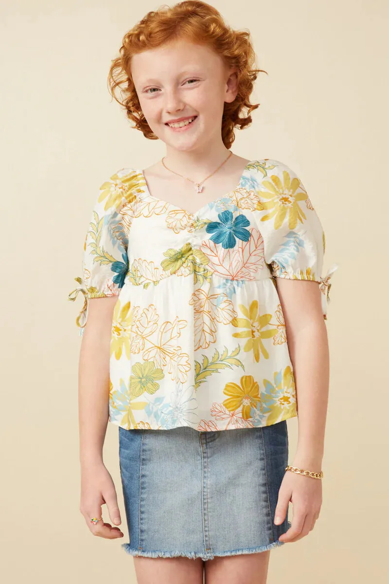 Girls Textured Botanical Print Shirred Front Top