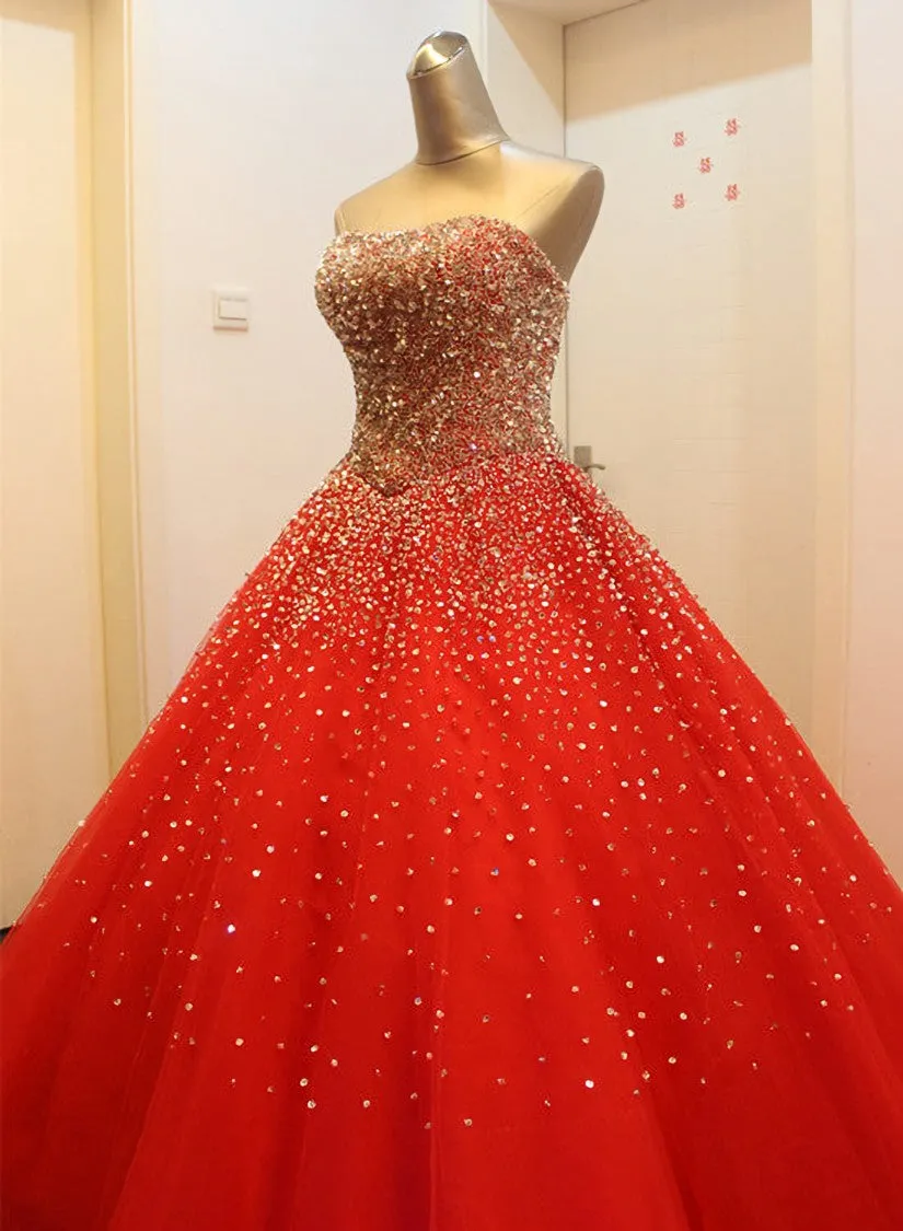 Gorgeous Red Long Tulle Gown, Sparkle Handmade Formal Dresses