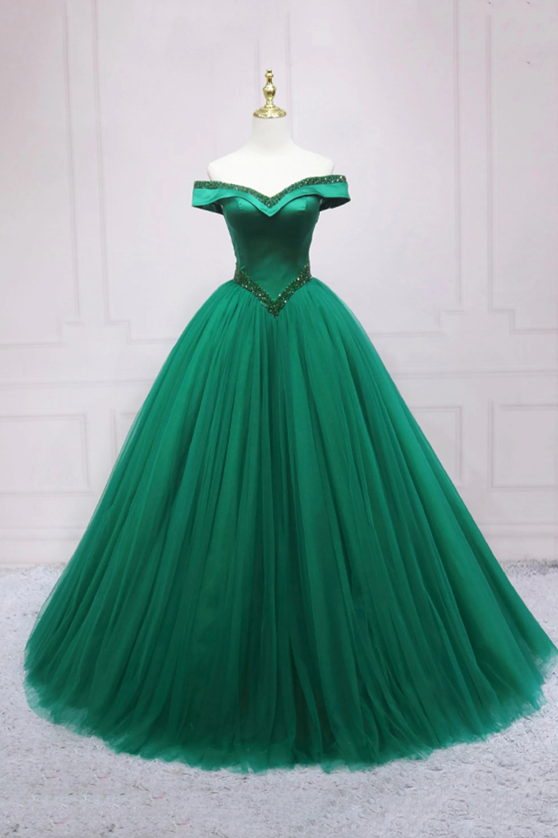 Green Tulle Long A-Line Ball Gown, Off the Shoulder Evening Dress