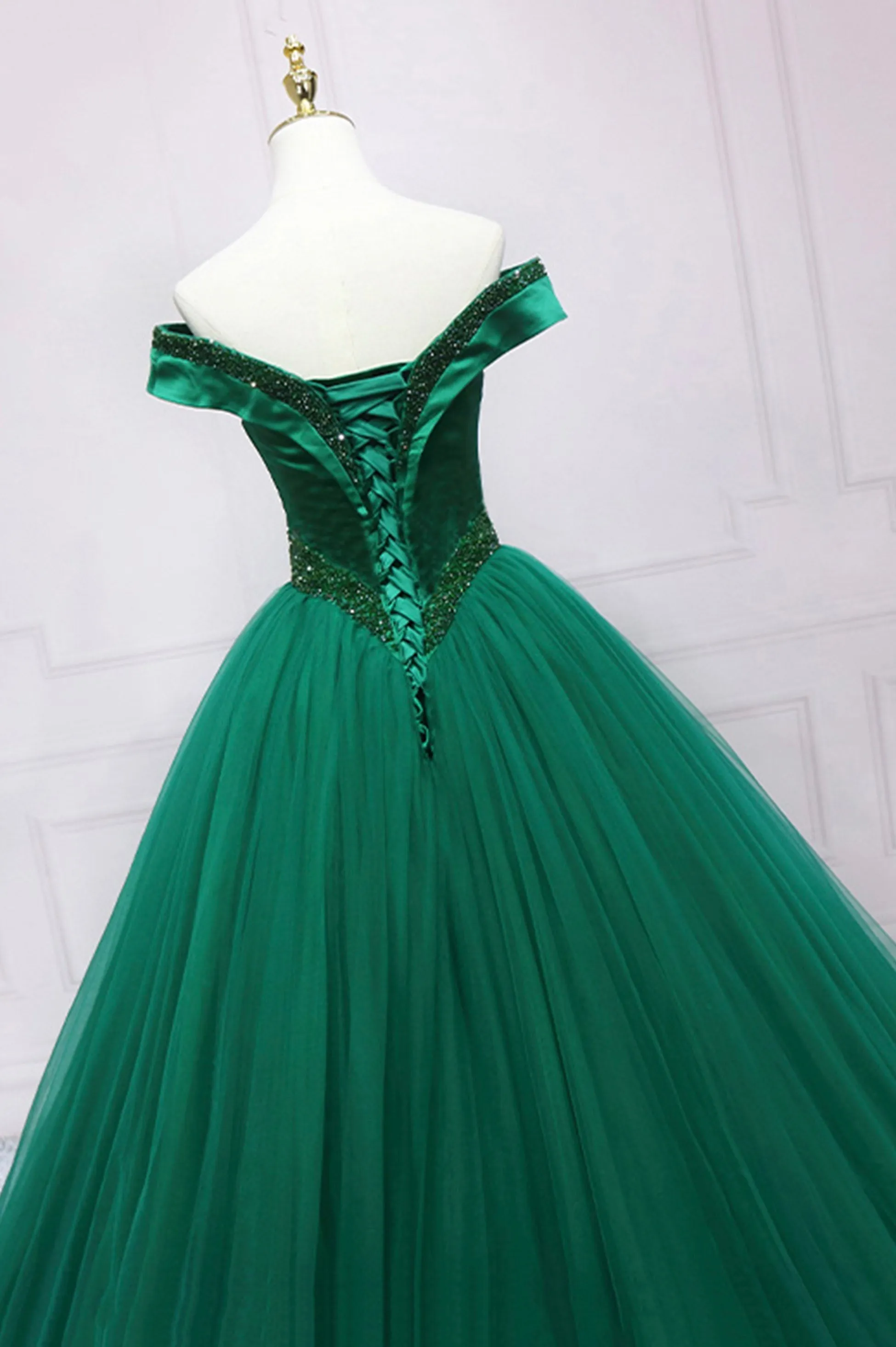 Green Tulle Long A-Line Ball Gown, Off the Shoulder Evening Dress