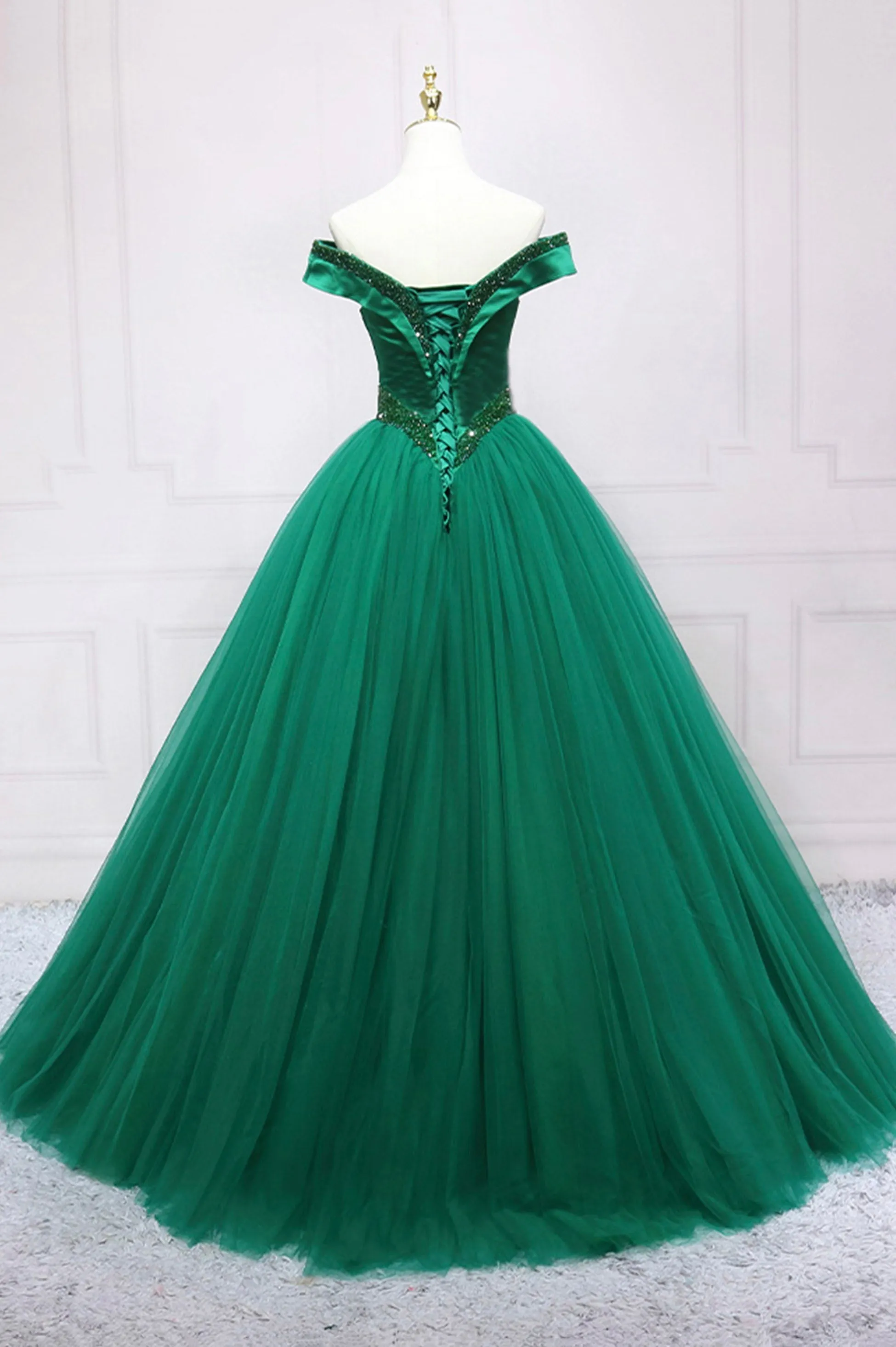 Green Tulle Long A-Line Ball Gown, Off the Shoulder Evening Dress