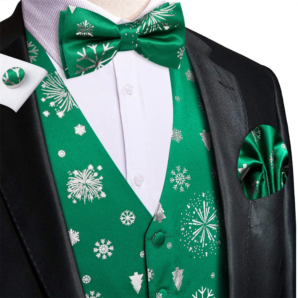 Hi-Tie Green Silver Christmas Elements Vest Necktie Bowtie Set