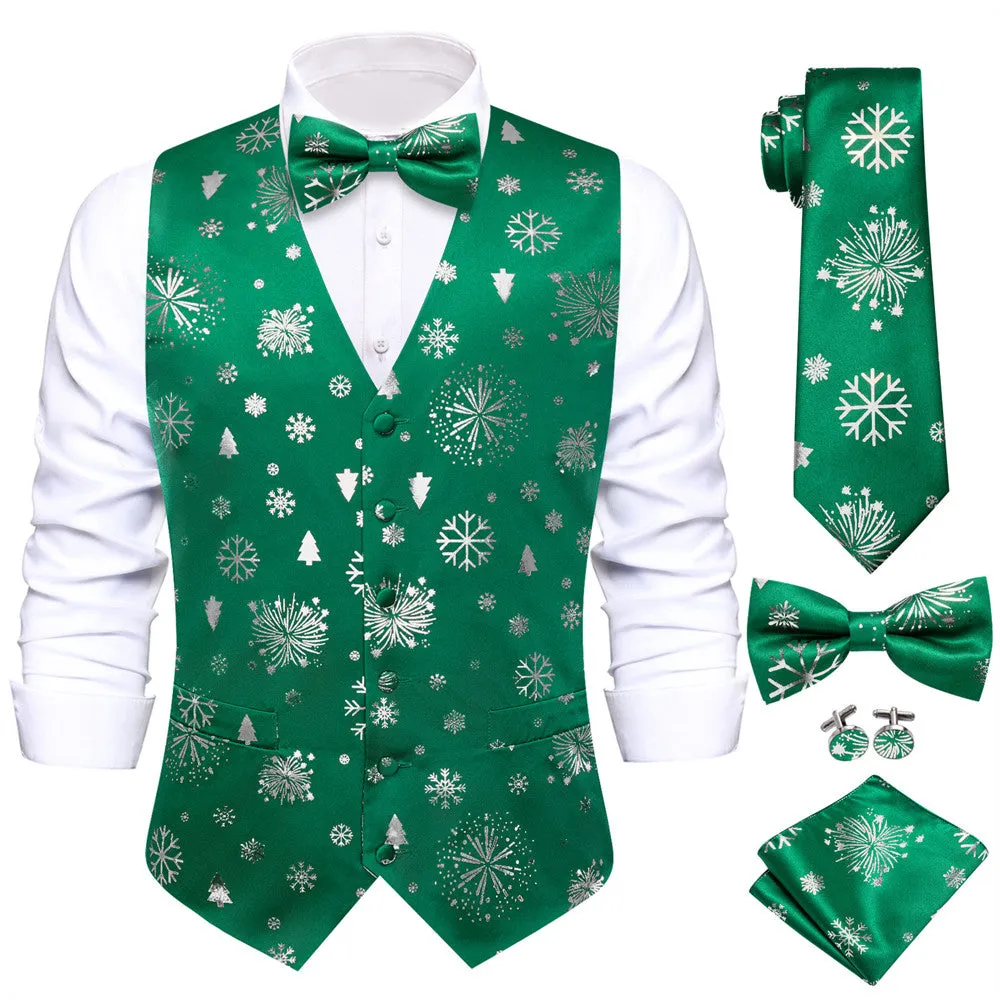 Hi-Tie Green Silver Christmas Elements Vest Necktie Bowtie Set