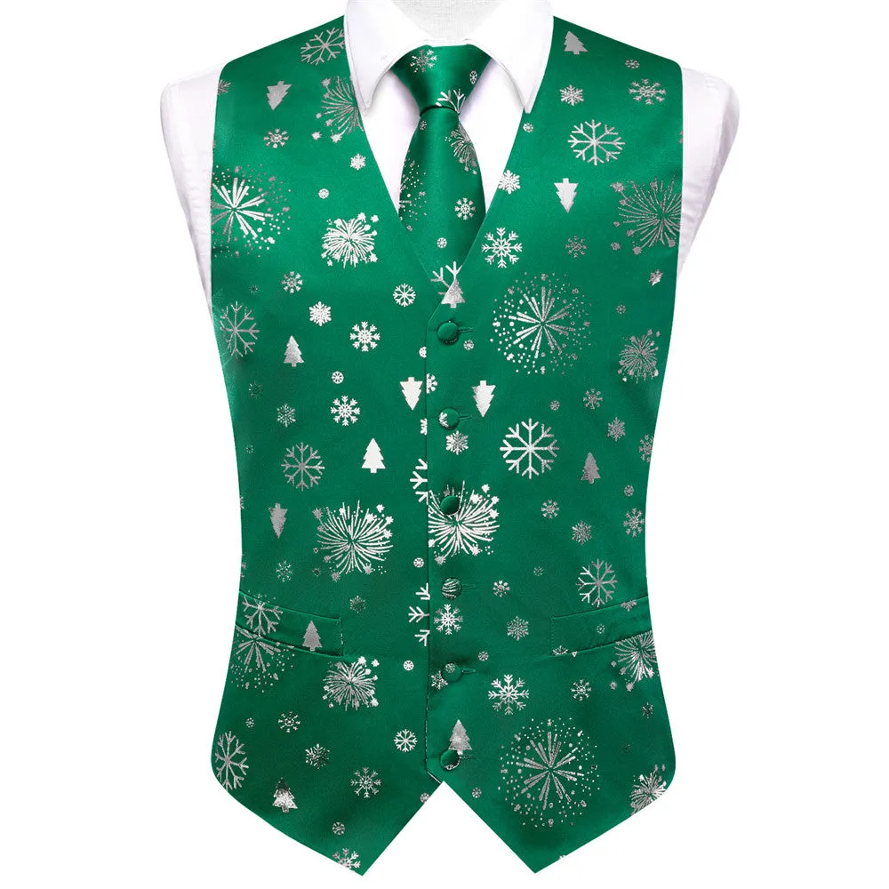 Hi-Tie Green Silver Christmas Elements Vest Necktie Bowtie Set