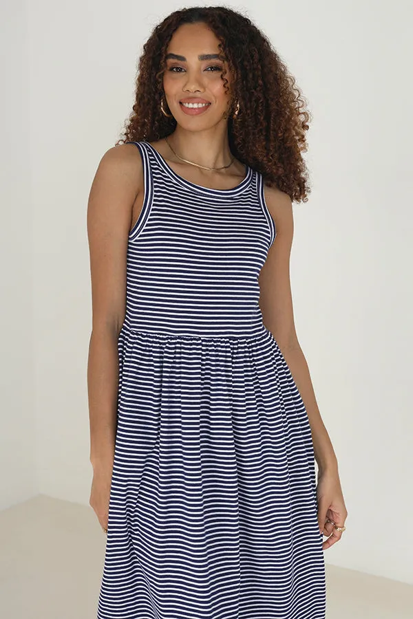 HORIZONTAL STRIPED MIDI STYLE SMOCK DRESS