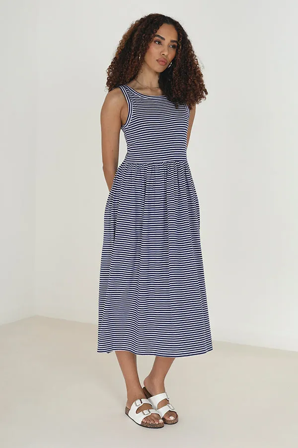 HORIZONTAL STRIPED MIDI STYLE SMOCK DRESS