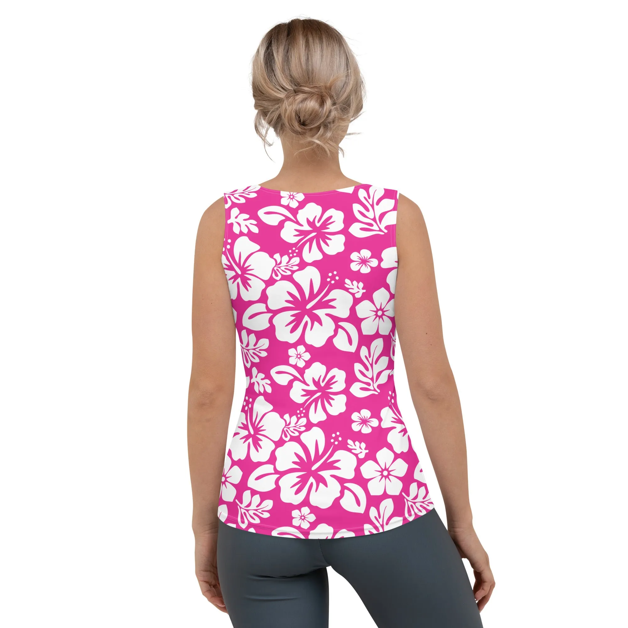 Hot Pink and White Hawaiian Flowers Women's Athletic Swim Tank Top