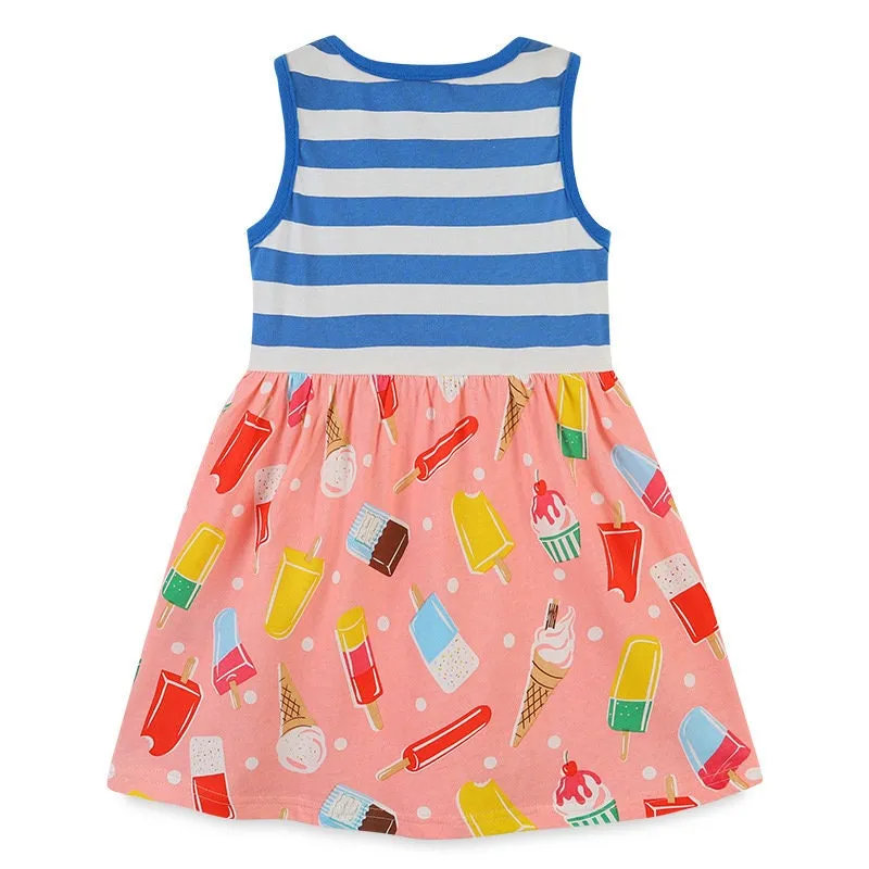 Ice-Cream Pattern Sleeveless Girls Striped Summer Dress