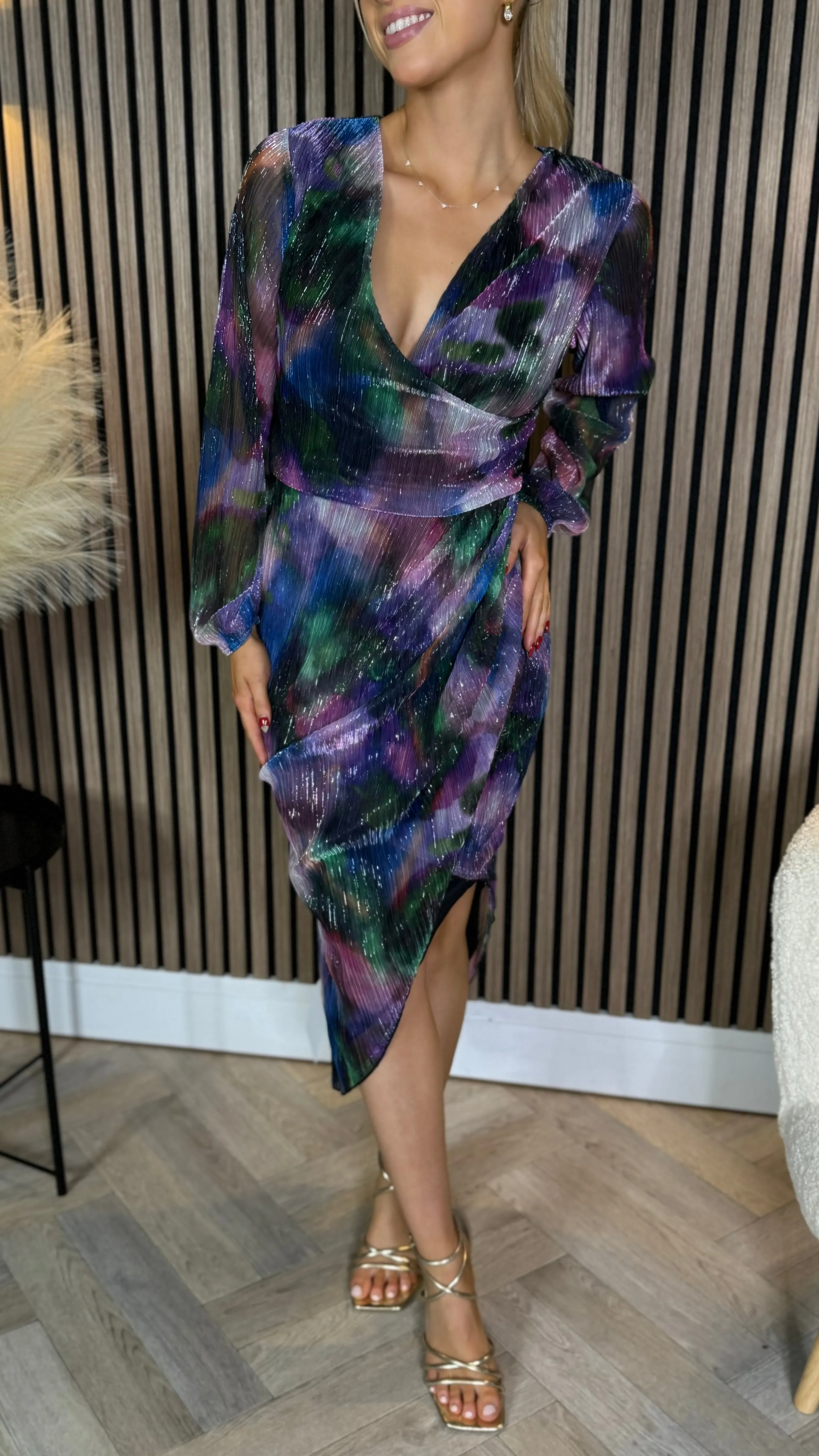 Kairo Purple Shimmer Wrap Midi Dress