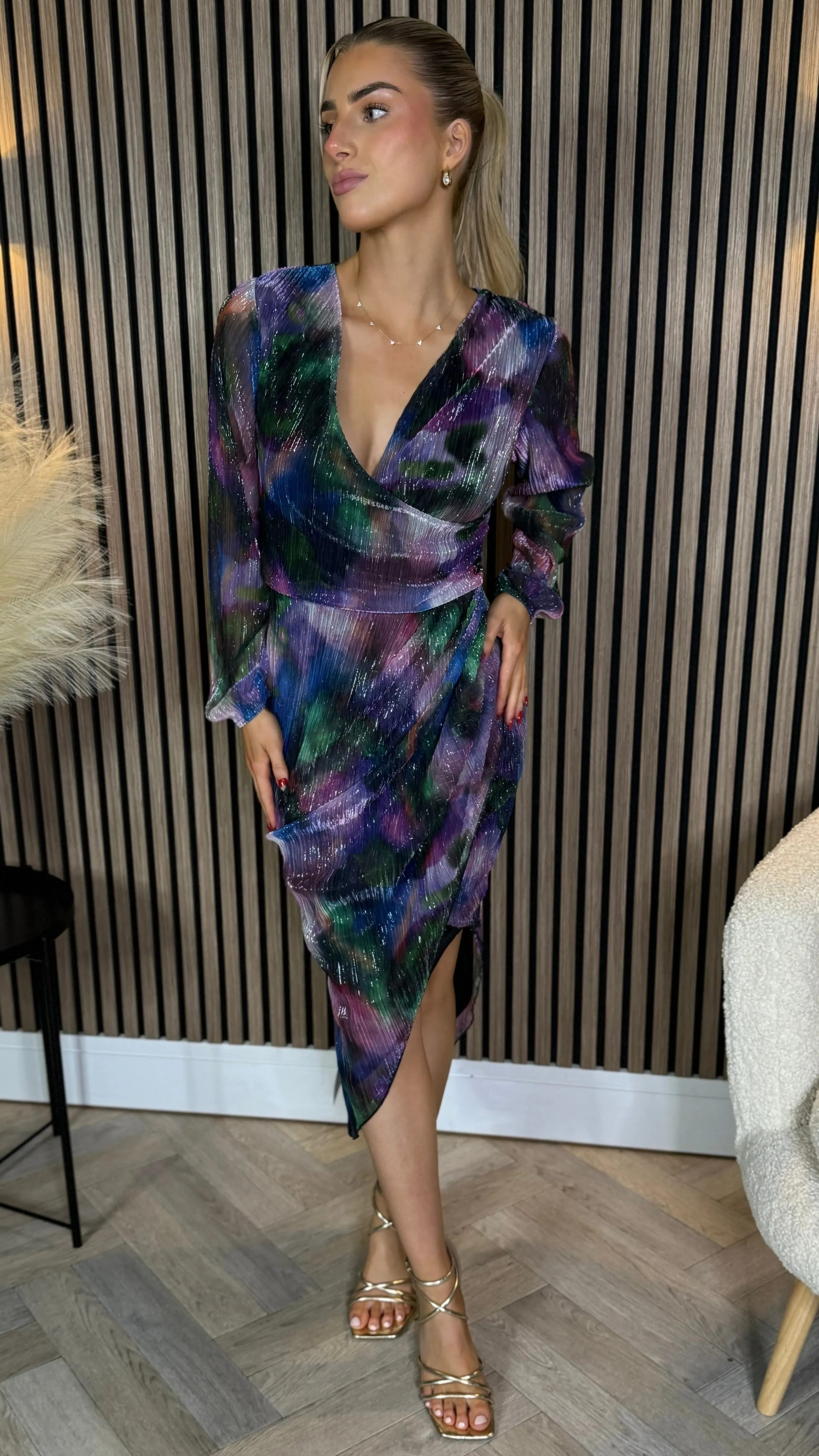 Kairo Purple Shimmer Wrap Midi Dress