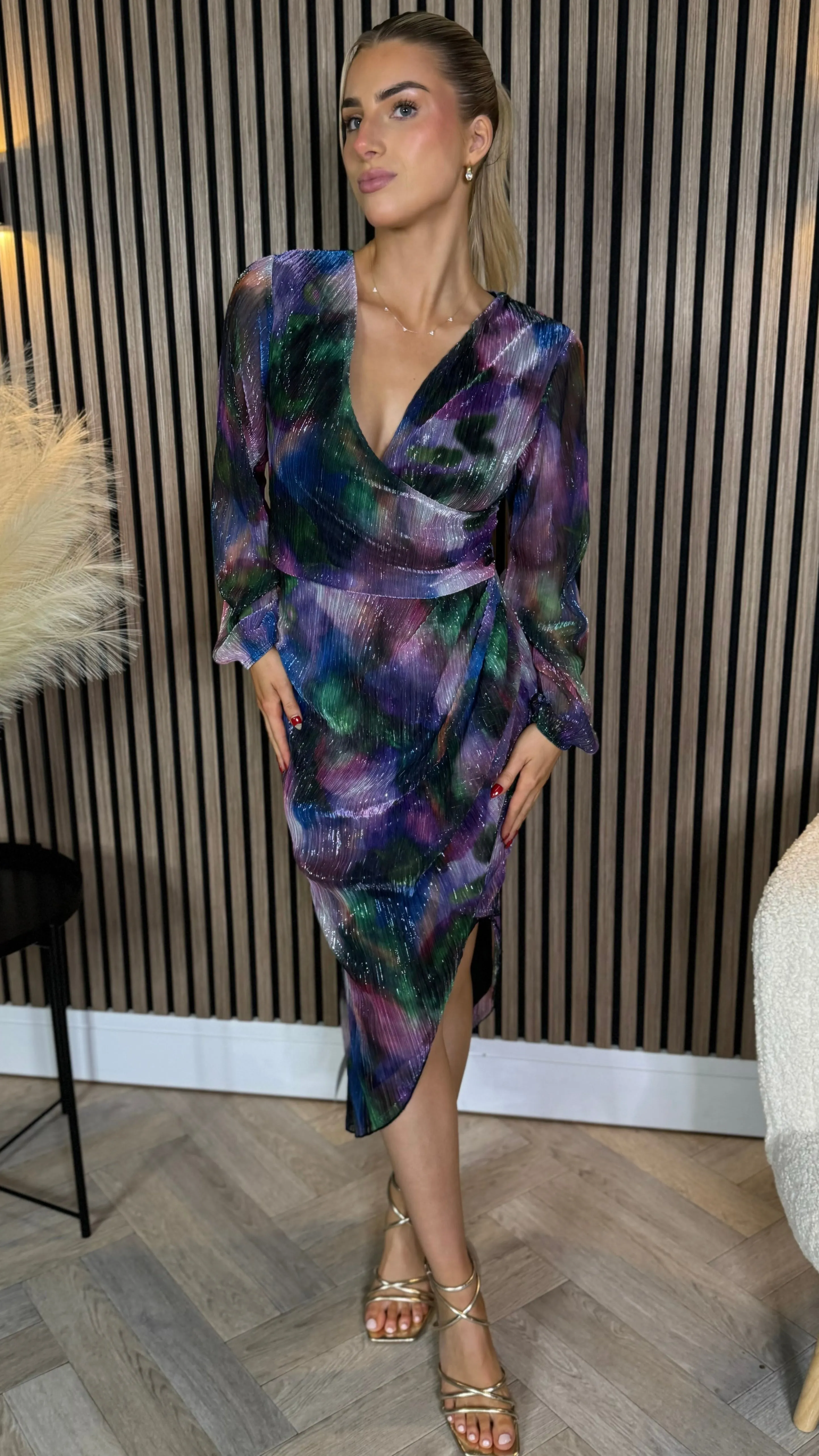 Kairo Purple Shimmer Wrap Midi Dress