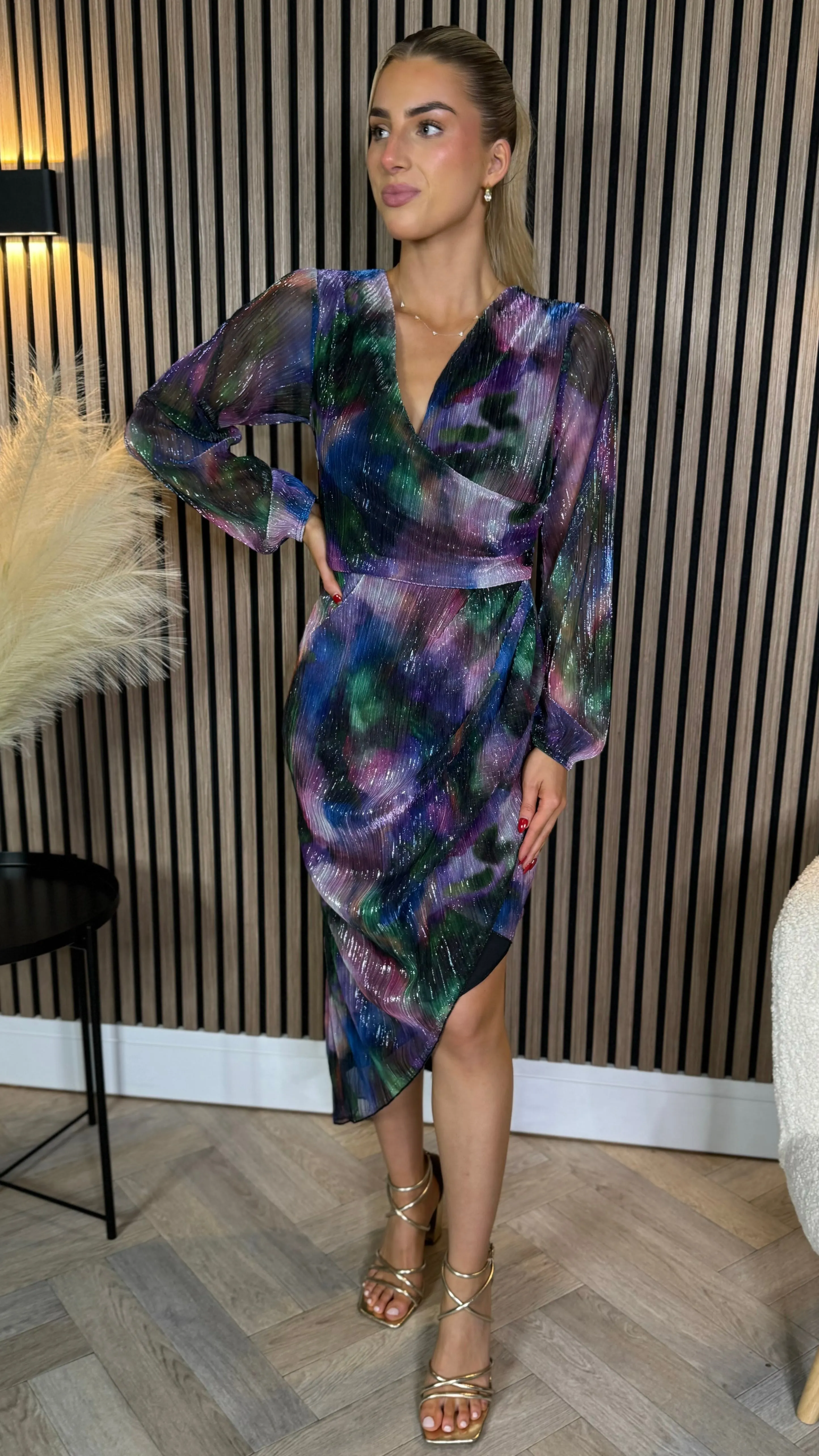 Kairo Purple Shimmer Wrap Midi Dress