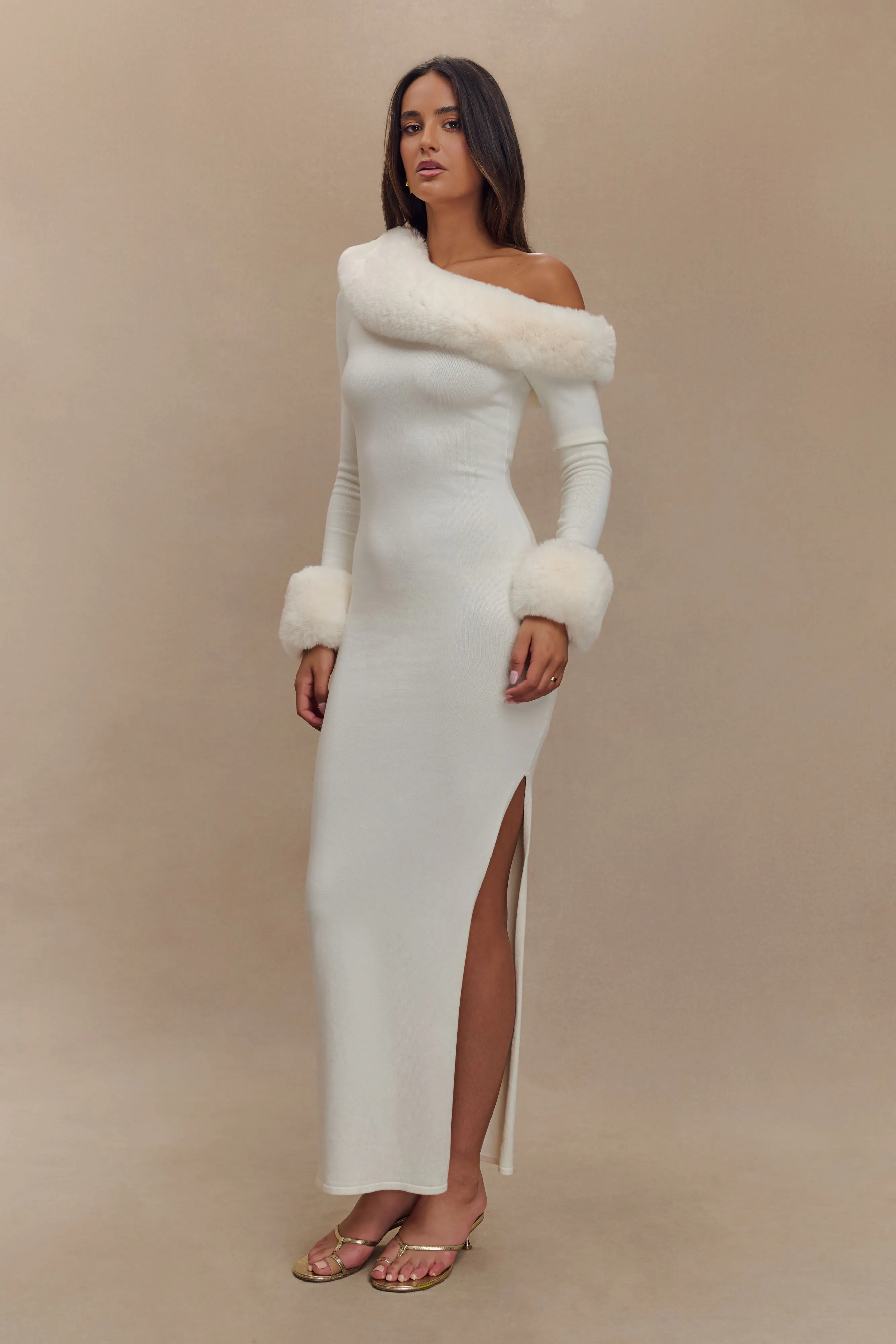 Karleigh Faux Fur Knit Maxi Dress - Ivory