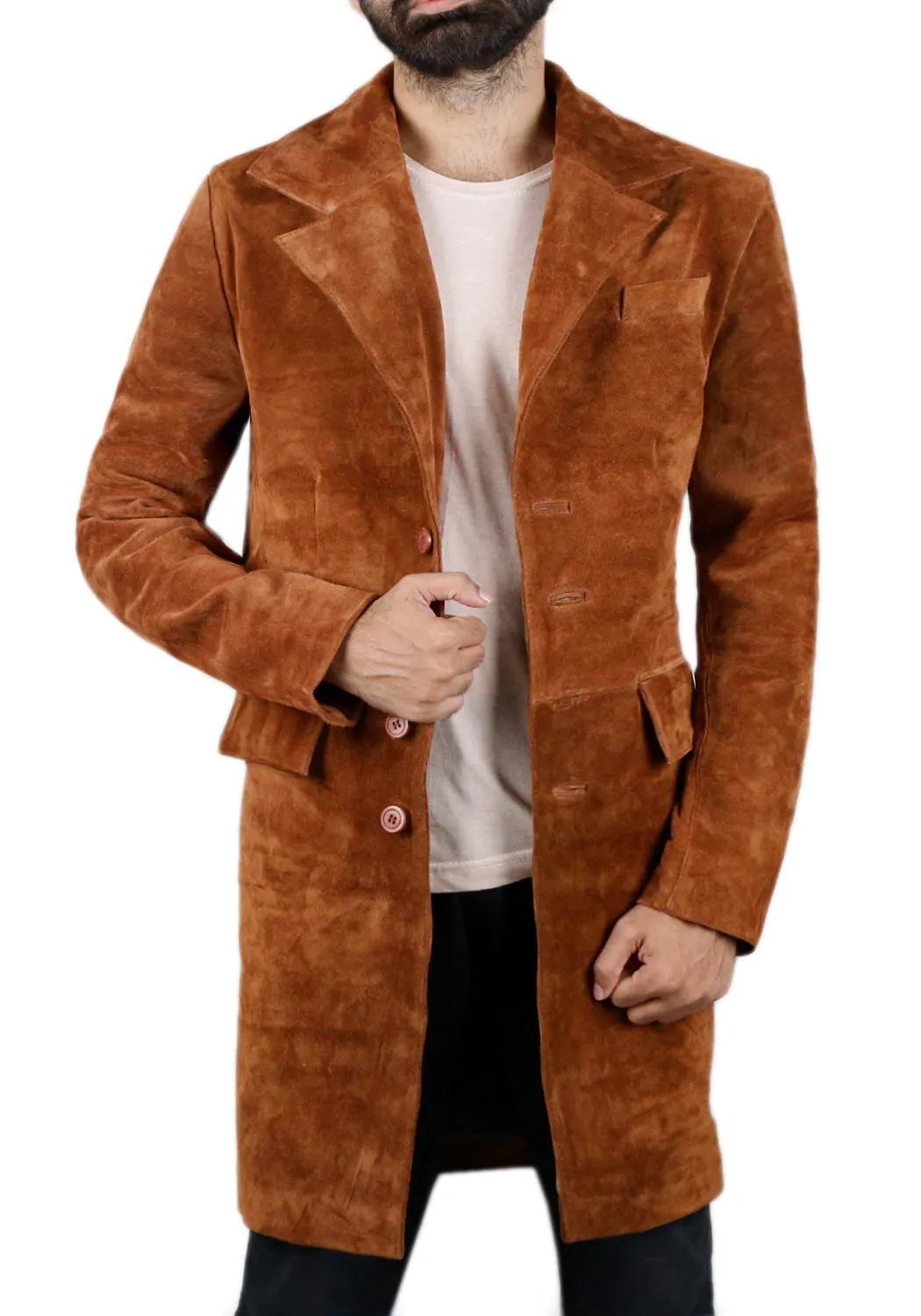 Leather Jackets Hub Mens Genuine Cow Suede Leather Over Coat (Suede-Brown, Over Coat) - 1502302