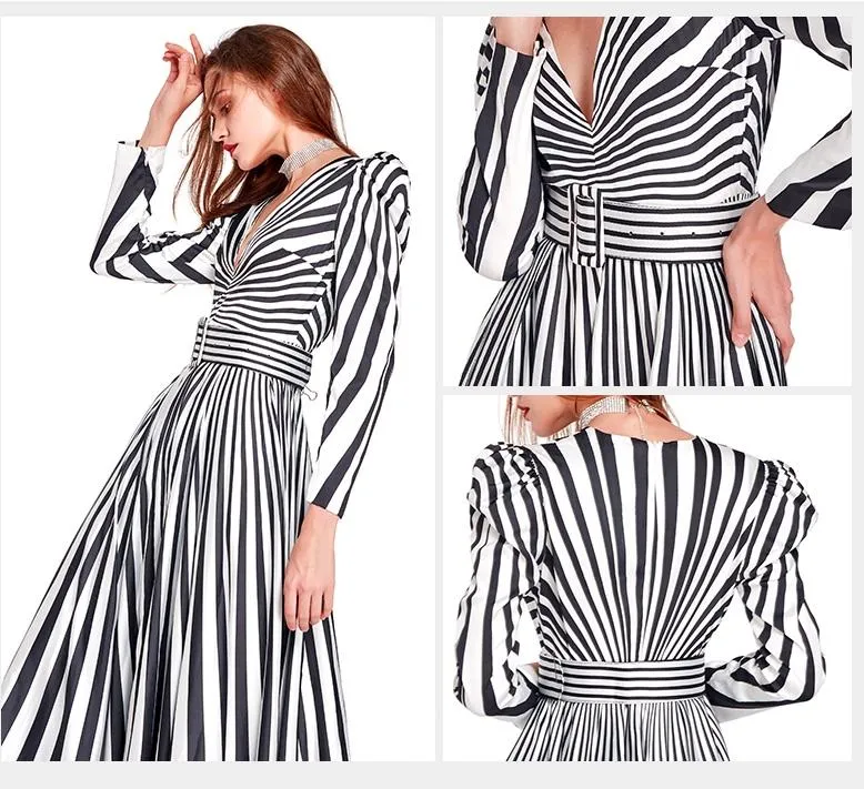 Limited black and white stripe long sleeve V neck maxi evening gown -  Cher