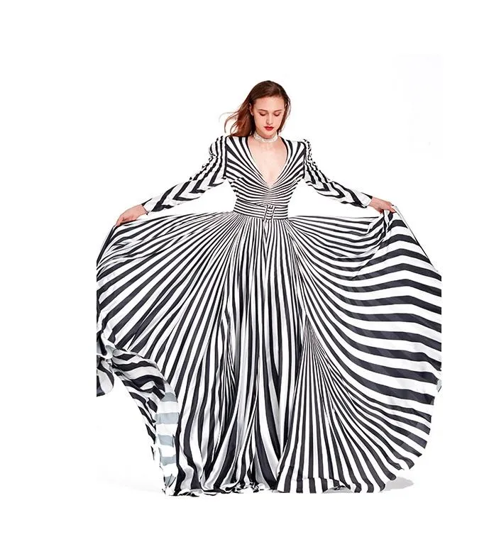 Limited black and white stripe long sleeve V neck maxi evening gown -  Cher