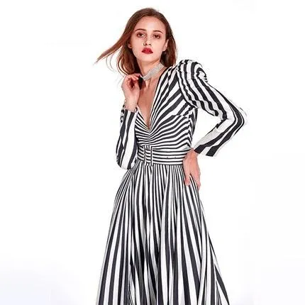 Limited black and white stripe long sleeve V neck maxi evening gown -  Cher