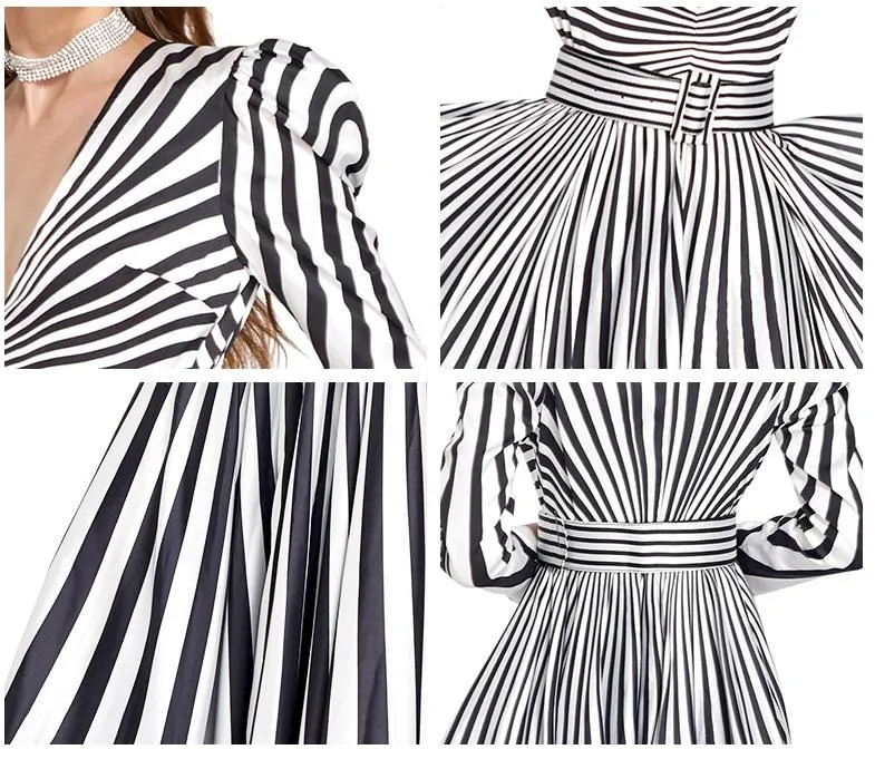 Limited black and white stripe long sleeve V neck maxi evening gown -  Cher