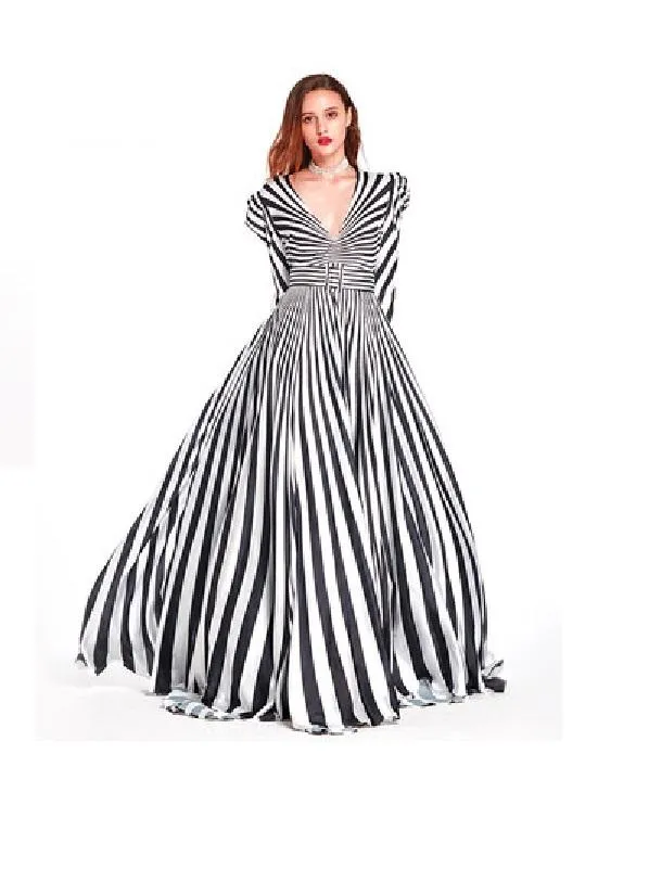 Limited black and white stripe long sleeve V neck maxi evening gown -  Cher